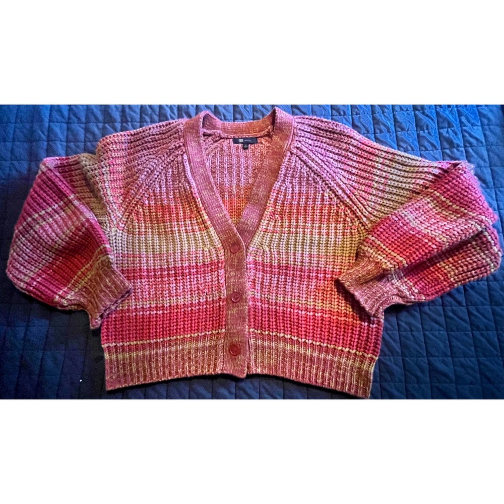 Frye‎ Womens XL Orange Ombre Stripe Chunky Knit V-Neck Cropped Cardigan Sweater